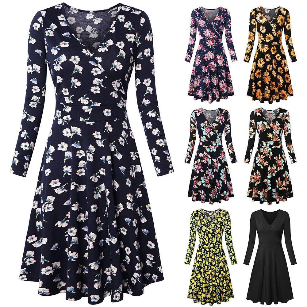 

Long Sleeve Holiday Mid Length Fashion V Neck Casual Slim Summer Cotton Blend Floral Printed Breathable Beach Women Dress #5