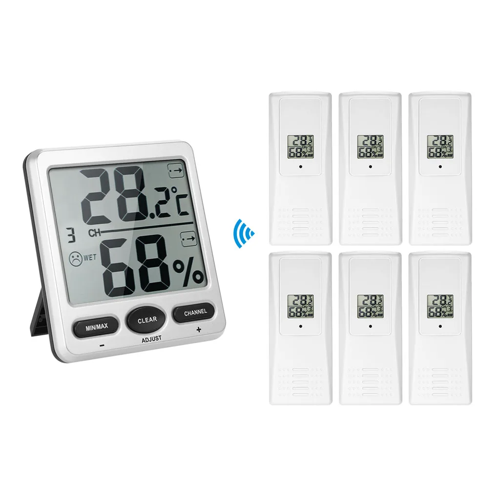 

1 to 6 Thermometer Remotes Sensor Emitter Wireless Digital Thermo-Hygrometer Console Receiver 10% to 99% Humidity Range