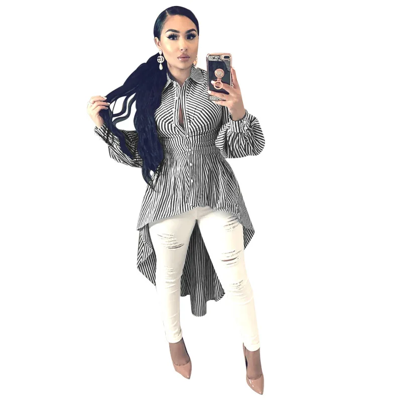 

Women Sexy Fashion Striped Irregular Hem High Low Turn-down Collar Long Sleeve High Waist Maxi Blouses Shirts 3 Colors S-3XL