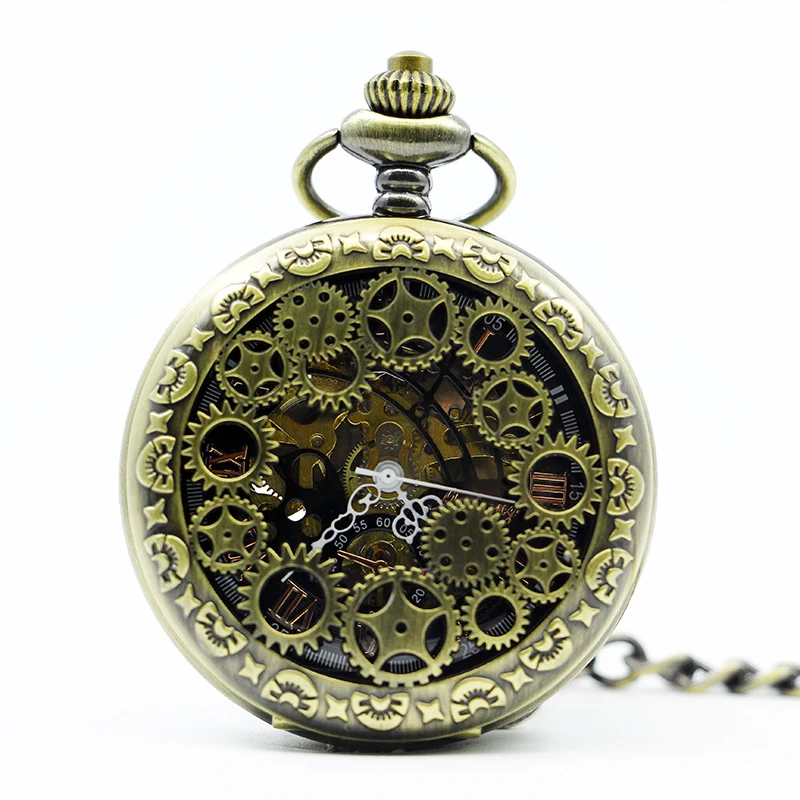 

Fashion Luxury Bronze Mechanical Pocket Watch With FOB Chain Hand Winding Skeleton Dial Hollow Unisex Clock PJX1301