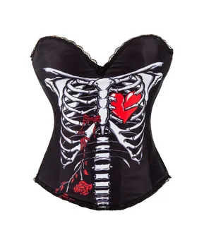 

S-2XL Skeleton and Heart Floral Print Corset Tops Black Cotton Push Up Bustier Corset for Women