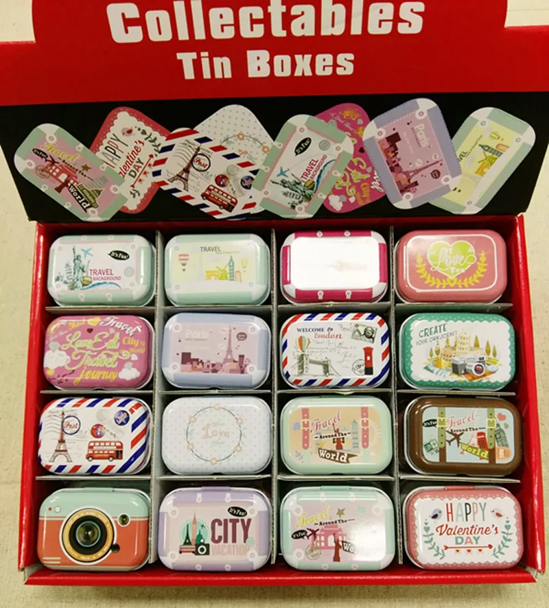 

Free Shipping!32pcs/box Mini Tin Box Metal Coin Saver Countryside Printing Jewerly Case Pill case 16 designs Chocolate Box