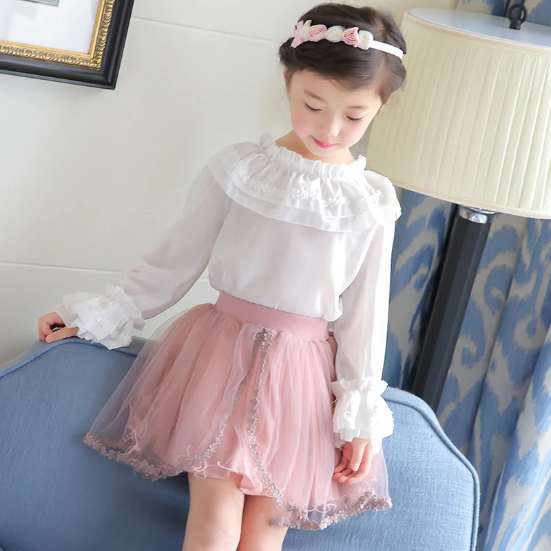  New Girls Blouse Spring Summer Children Chiffon Shirt Kids Clothes Long Sleeve Ruffle School Girls 