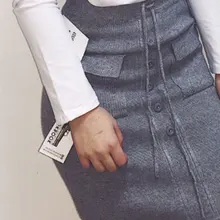 Распродажа ограниченная по времени акриловая спандекс однотонная прямая юбка женская вязаная короткая юбка с карманами на бедрах однобортная Женская юбка