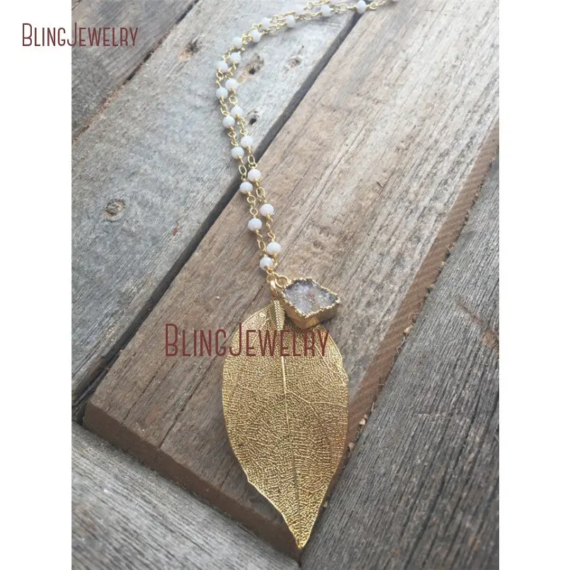 20190302-NM23853-Latest  Leaf Druzy Crystal Necklace Rosary Chain White