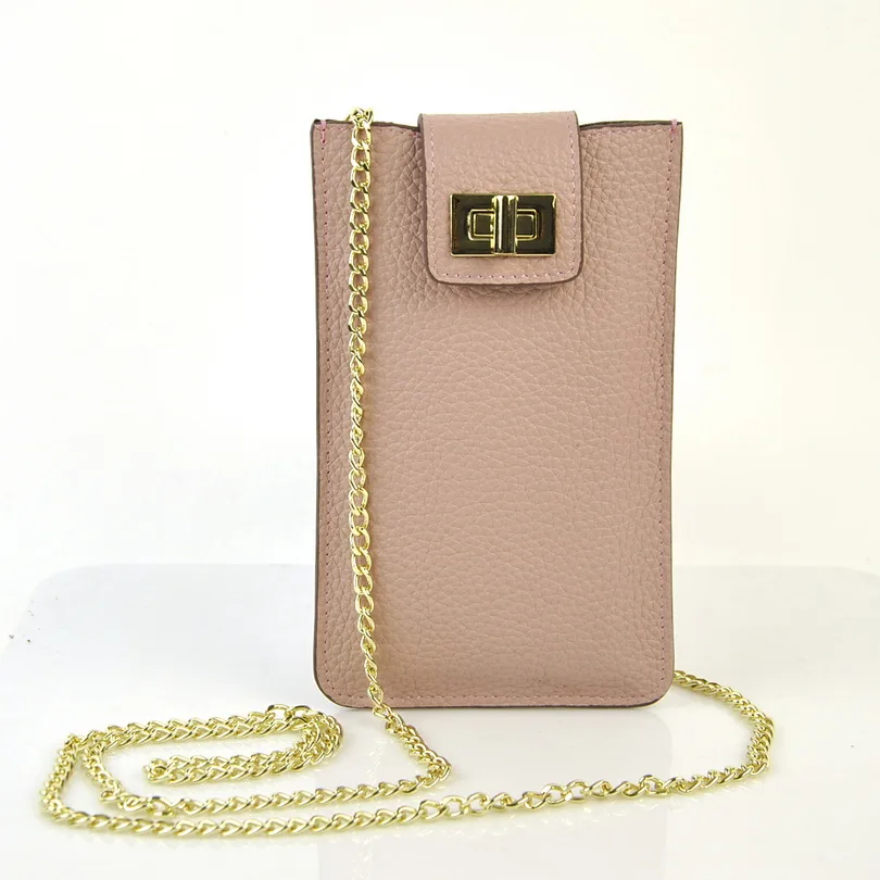 Женская сумка для мобильного телефона из натуральной коровьей кожи, сумка через плечо, сумка на цепочке, мобильный кошелек, повседневные модные женские сумки, держатель для карт чехол - Цвет: Pink