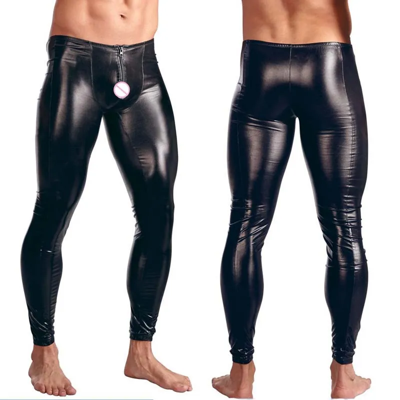 Популярные мужские черные брюки из искусственной лакированной кожи для ночного клуба, сценические обтягивающие брюки стрейч, леггинсы, мужские сексуальные боди