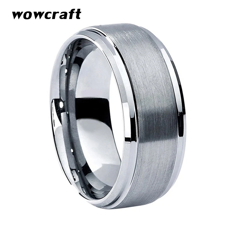 

8mm Mens Silver Tungsten Wedding Ring Brushed Finish with Beveled Edges Engagement Ring