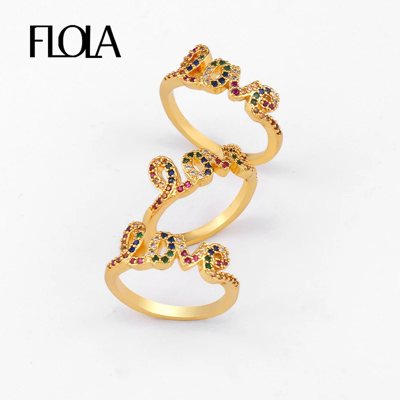 

FLOLA Large Love Gold Multi-stone Ring Cubic Zirconia Rainbow Love Ring Anillo Arcoiris Cz Girls Jewellery Ring 2019 righ78