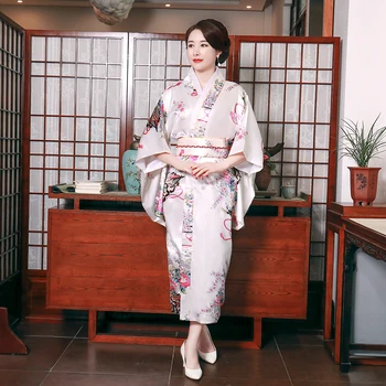

Japanese Style Female Yukata With Obi Novelty Sexy White Traditional Pink Print Wheel Stage Performance Clothing Evening Dress