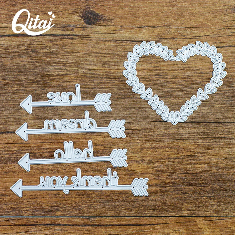 

QITAI 5pcs/pack Metal cutting dies words indicator Love/Hello/Dream/Thank you Heart Creative Decoration Scrapbook Wholesale D128