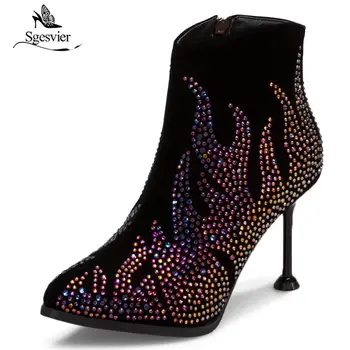 

Sgesvier 2018 New Shoes Women Crystal Design Zip Solid Pointed Toe Platform Thin High Heels Casual Party Shoes Ankle Boots OX541