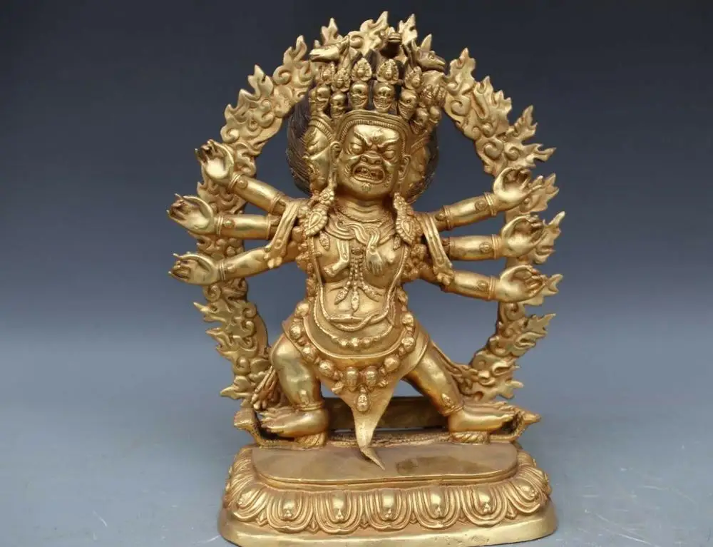 Тибетская народная медная бронзовая позолота шесть рук Mahakala Vajrapani Vajrabhairava Будда |