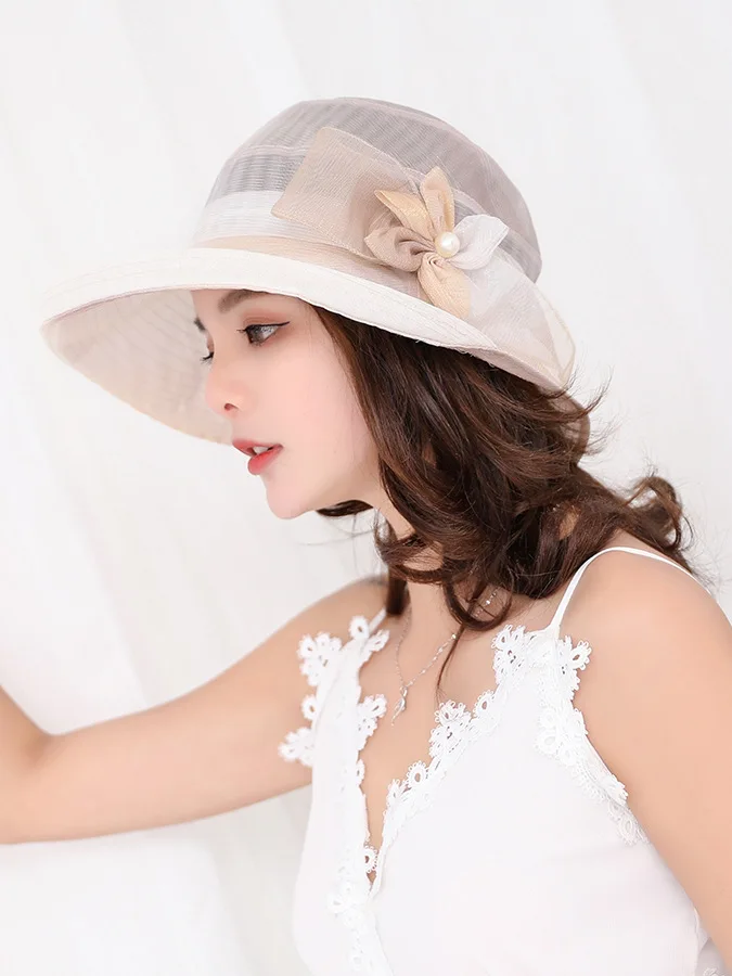 Женская Летняя шелковая шляпа с широкими полями цветочные шляпы жемчужные цветы гибкие козырьки женские элегантные морские пляжные кепки Солнцезащитная шляпа