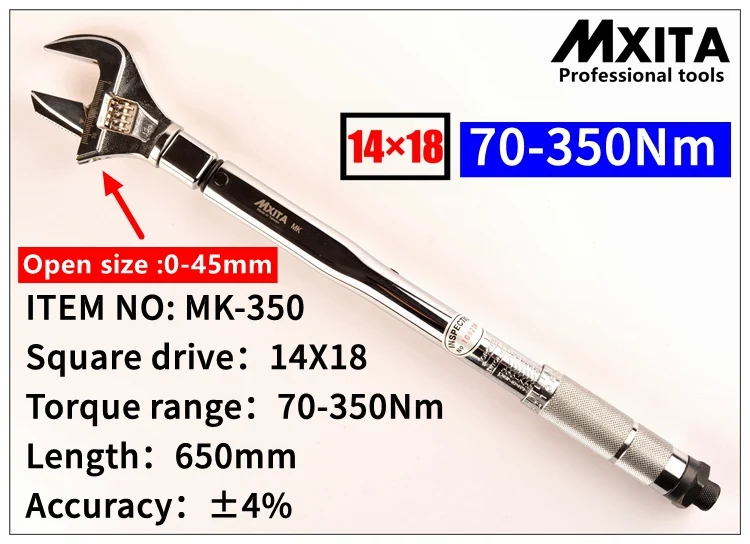 Mxita OPEN wrench 14X18 70-350Nm Insert Ended head Adjustable Torque Wrench Interchangeable Hand Spanner