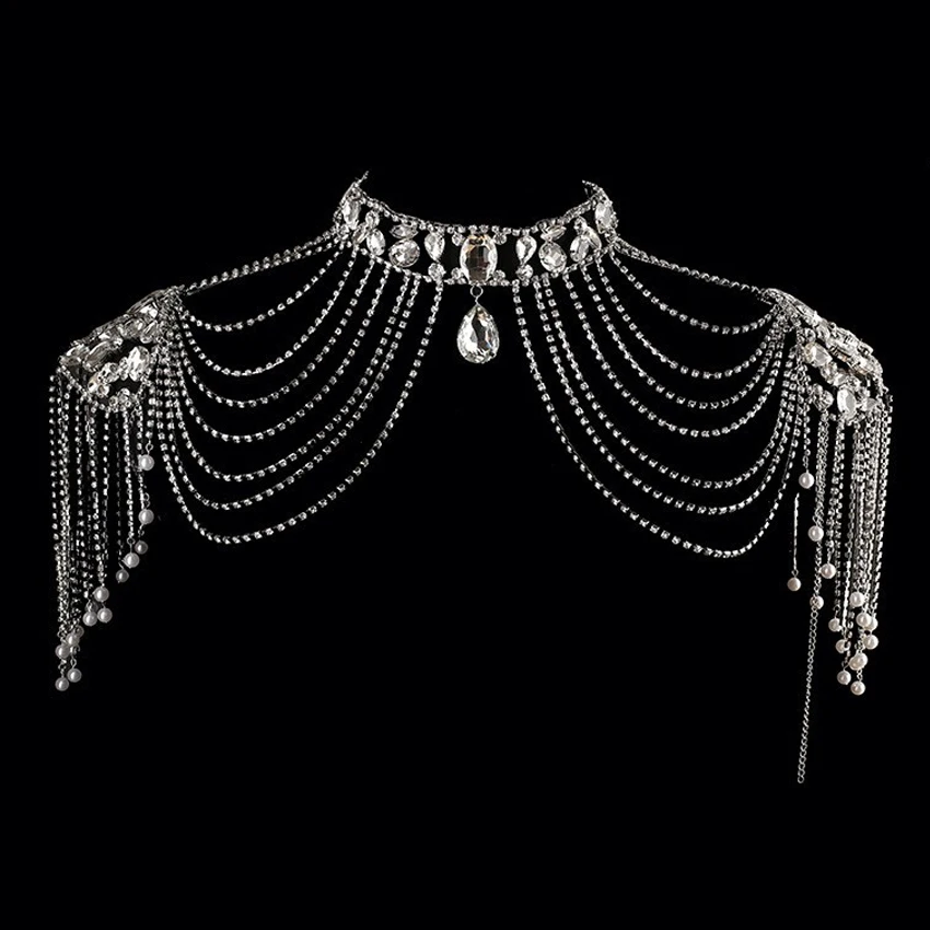 Женское жемчужное ожерелье на плечо ручной работы со стразами и кристаллами для торжеств, выпускного вечера, свадьбы, на плечо, ювелирное ожерелье с цепочкой s