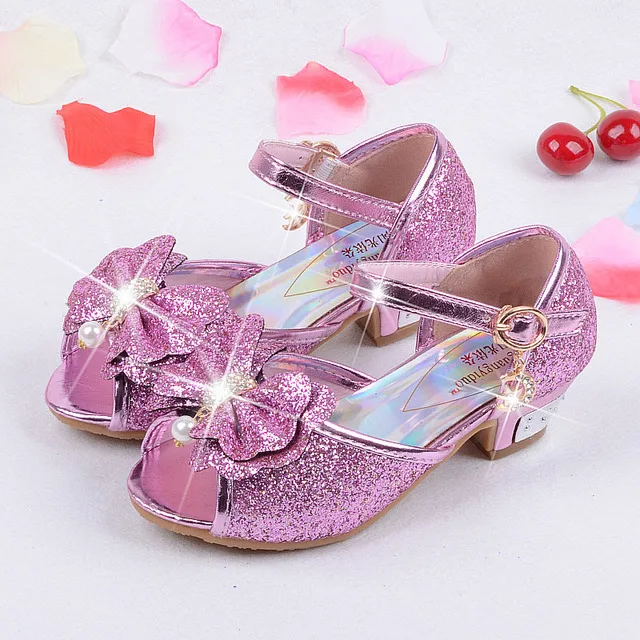 Сандалии с дизайном «Эльза» для девочек, детская осенне-летняя Праздничная танцевальная обувь, детские туфли принцессы для девочек на высоком каблуке и блестящая обувь - Цвет: Лаванда