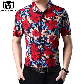 

MIACAWOR New Summer Hawaiian Shirt Men Casual Camisa Masculina Fashion Flower Shirts Short Sleeve Beach Shirt C465