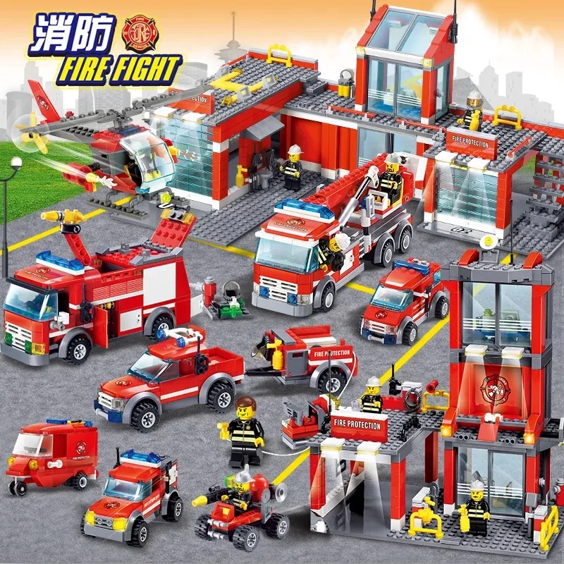 

KAZI Building Blocks Fire Station Helicopter Truck Car Compatible with Legoings City Bricks Educational Toys For Children Boys