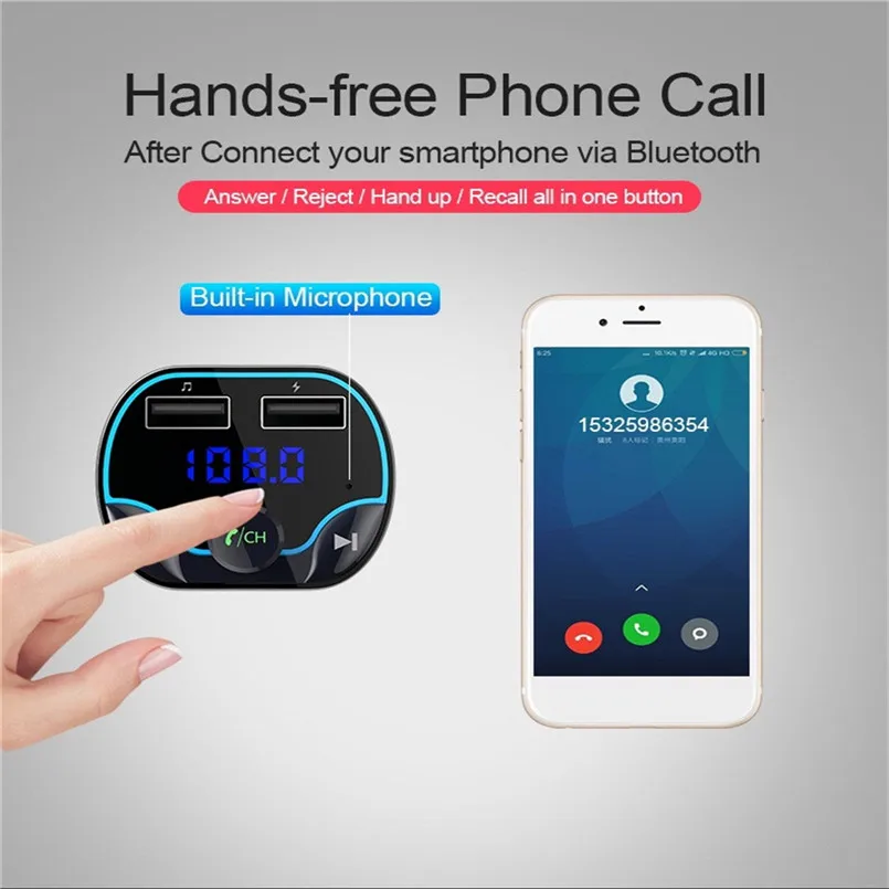 Wireless Bluetooth V4.2 Handsfree Car Kit FM Transmitter MP3 Player Support U Disk  TF Card Music Play Daul USB Charging 40NT23 (8)