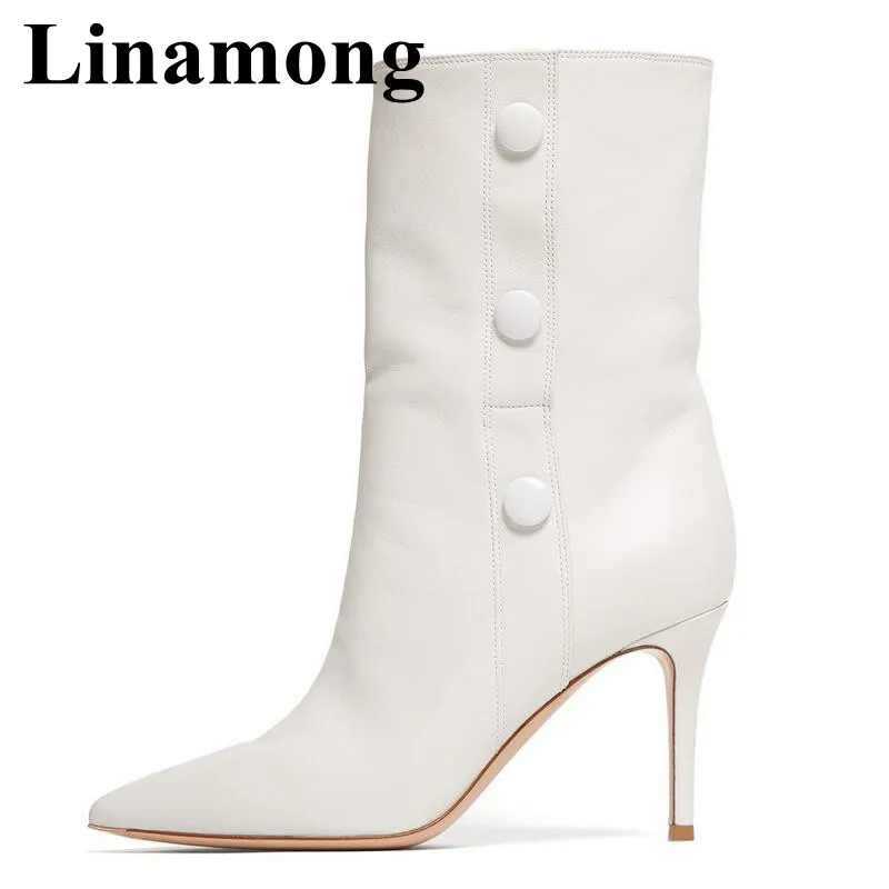 

Hottest White Pointed Toe And High Heel Mid-Calf Boots Autumn And Winter Fashion Button Decoration Women Boots High Quality