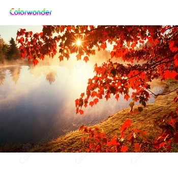 

Natural Scenery Backdrops for Photography Clear Water with Grass Red Maple Trees 7x5ft Autumn Sunset Background for Photo Booth