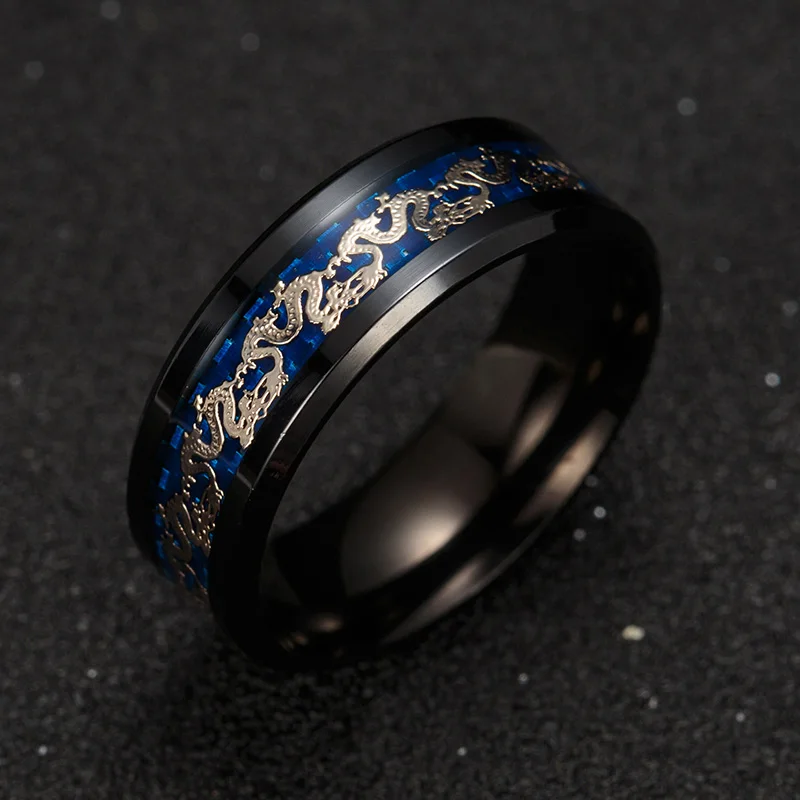 Черное синее кольцо для мужчин, китайское традиционное золото, дракон инкрустация с синим кольцом из нержавеющей стали, ювелирные изделия