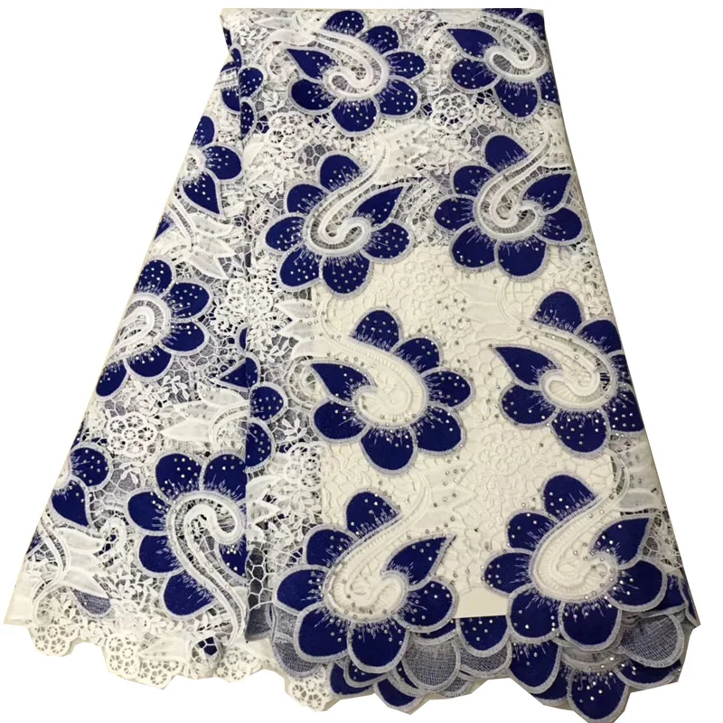 

Free shipping (5yards/pc) blue and white African cord lace newest guipure lace with lots of stones high quality for dress FLV47
