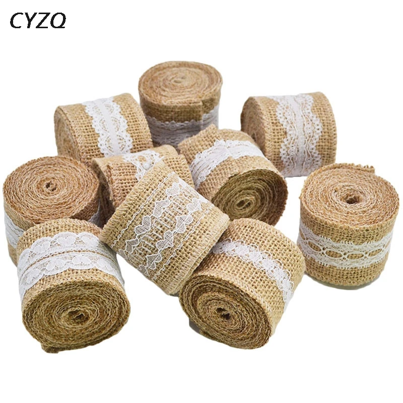 2 Meter Width 5cm Jute Burlap Rolls Hessian Ribbon With Lace Trim Vintage Rustic Wedding Decoration Ornament Party Wedding Decor