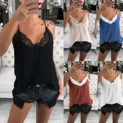 Кружевные Женские однотонные сексуальные кружевные лоскутные вставки с круглым вырезом слинг Свободная майка блузка Camiseta Tirantes Mujer