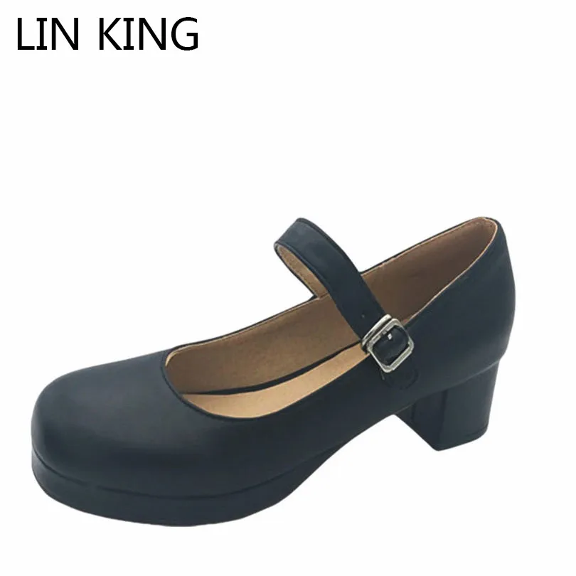 

LIN KING Square Heel Women Pumps Solid Buckle Round Toe Candy Color Mary Janes Party Cosplay Platform Lolita Shoes Plus Size