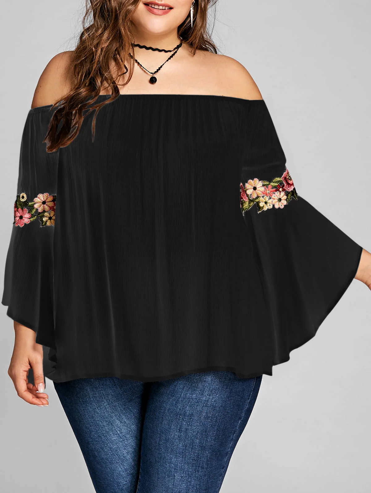 ROSEGAL, женские футболки размера плюс, 5XL, вышивка колокольчиком, длинный рукав, топ с открытыми плечами, Цветочные Топы, сексуальные, Praty, женская одежда
