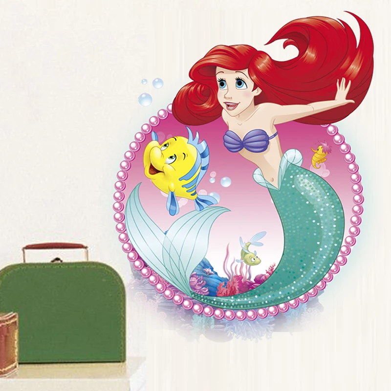 Cartoon Disney Mermaid Ariel Princess Wall Stickers For Girls Room Bathroom Home Decor Waterproof PVC Poster Kids Wall Art Decal