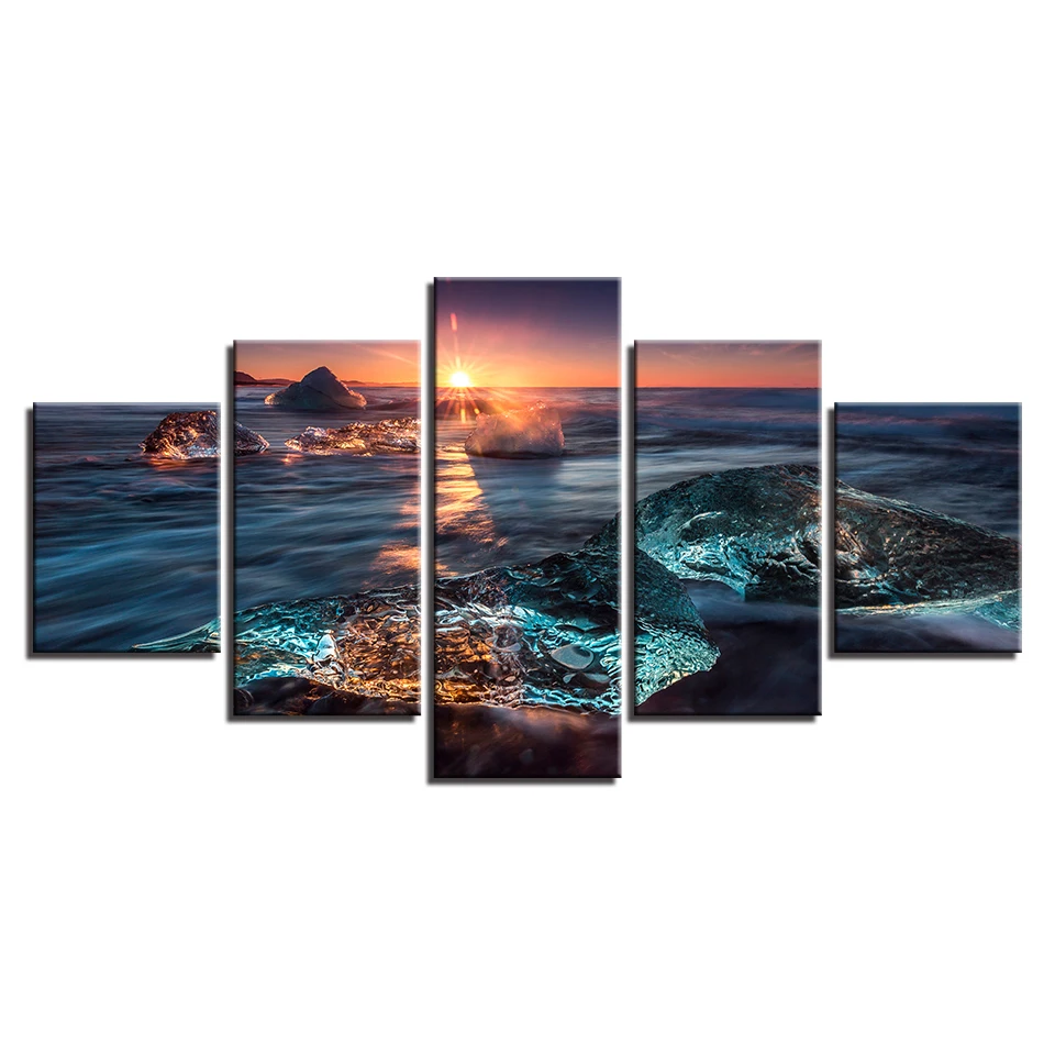 Canvas-Pictures-Home-Decor-HD-Prints-Posters-Living-Room-Framework-5-Pieces-Icing-Seascape-Sunrise-Ice (3)
