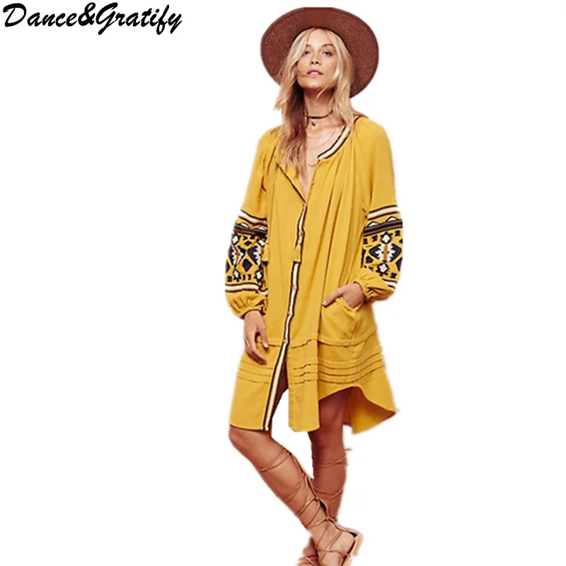 

Summer Dress 2019 Fashion Long Sleeve V Neck Sexy People Bohemian Loose Dress Ethnic Embroidery Fashion Boho Dress