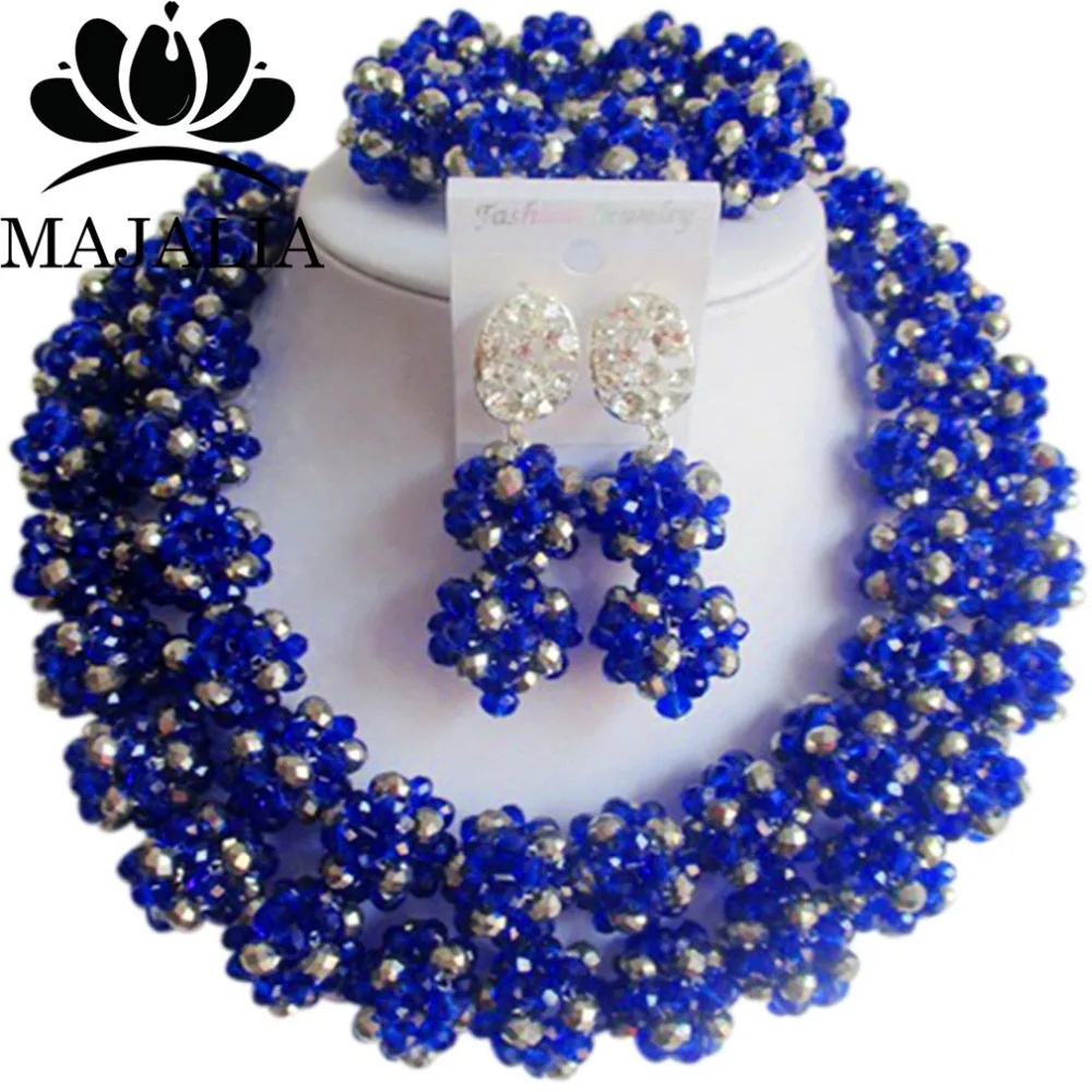 

Trendy Nigeria Wedding african beads jewelry set Royal Blue crystal necklace bracelet earrings Free shipping VV-291