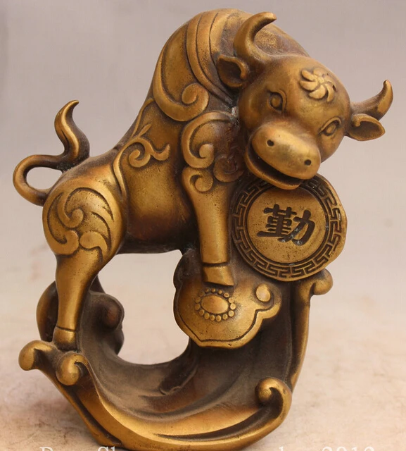

R0717 Details about 6" Chinese Copper Feng Shui Strong diligent Zodiac Year Bull Oxen Ru Yi Statue B0403