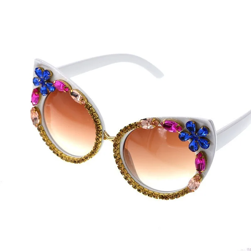 Кошачий глаз, алмазные солнцезащитные очки для женщин, фирменный дизайн, ручная работа, стразы, модные, в стиле барокко, солнцезащитные очки, цветок с жемчугом, винтажные очки - Цвет линз: C5
