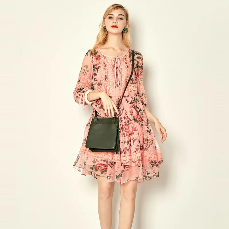 

Silk Dress 2019 Summer V Collar Mulberry Silk Trim Body Thin Temperament Fairy Dress Two-piece Set Print Black Dress Women