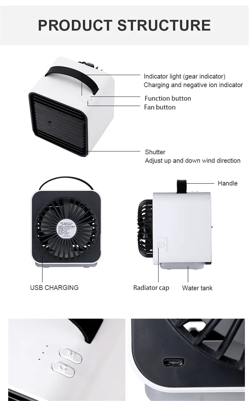Охлаждающий вентилятор с аккумулятором 2000 мА/ч, портативный USB кондиционер, увлажнитель воздуха, очиститель, светильник, ночной Настольный вентилятор холодного ветра для дома и офиса