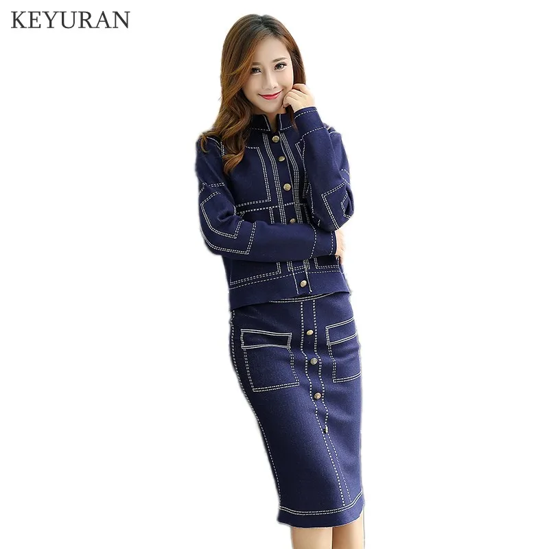 

2019 Fall Winter Printed Patchwork Single-Breasted Knit Long Sleeve Sweater+High Waist Casual Two Piece Skirt Set Chandal Mujer