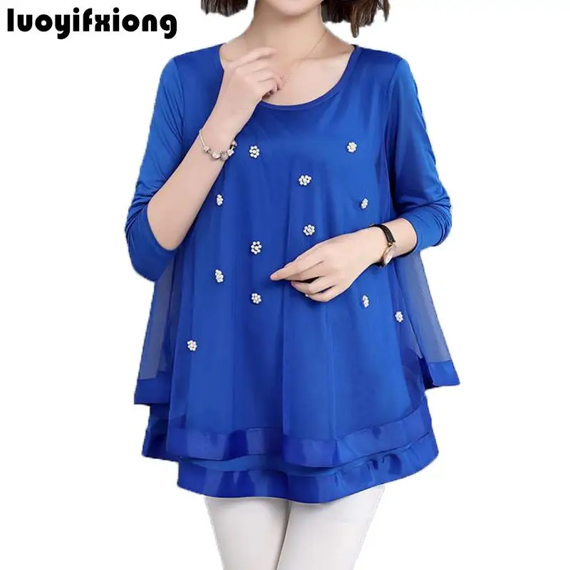 

Plus Size 3XL 4XL 5XL Lace Blouse Women Shirts Fashion Bead Long Sleeve Lace Patchwork Loose Casual Shirt Women Tops Blusa Mujer