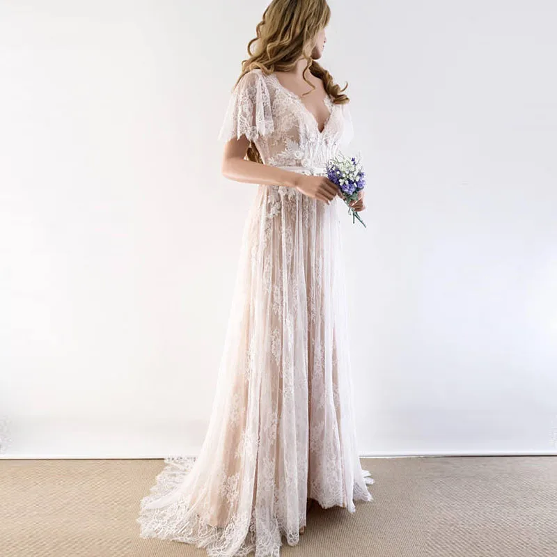 US $93.13 Boho Wedding Dresses 2020 V Neck Cap Sleeve Lace Beach Wedding Gown Cheap Backless Custom Made Free Shipping Bride Dresses
