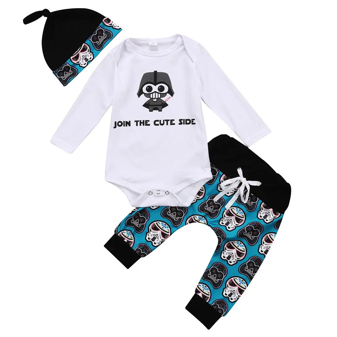 Toddler Baby Boys Girls 0-18M Fashion Clothes 3PCS Long Sleeve Cartoon Letter Print White Romper Tops+Long Pants+Hats | Детская одежда