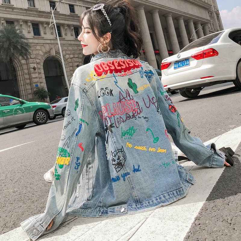 

Unisex Stylish Young Girls Boys Printed Graffiti Denim Jacket Coats Cowgirls Fashion Streetwear Clothing Ripped Casual Jean Tops