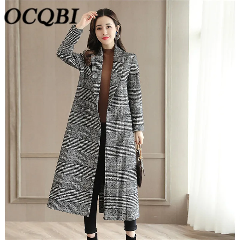 Winter Casual Plaid Elegant Women Long Coat Woolen Fashion Designer