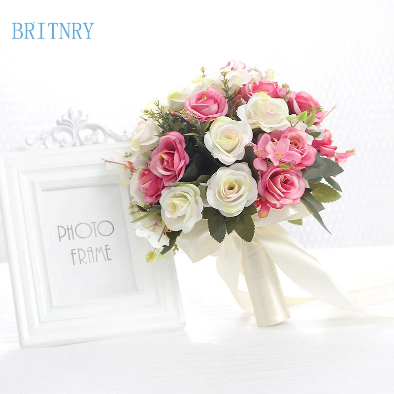 Бритни розовый белый Букеты свадебные ручной работы Искусственный цветок розы buque casamento Свадебный букет для Свадебные украшения 2018