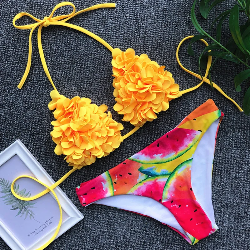 

Sexy 3D Flower Lace up Bikini 2019 Bandeau Swimsuit Women Swimwear Female Two-pieces Bikini Set Push Up Bathing Suit Swim Lady