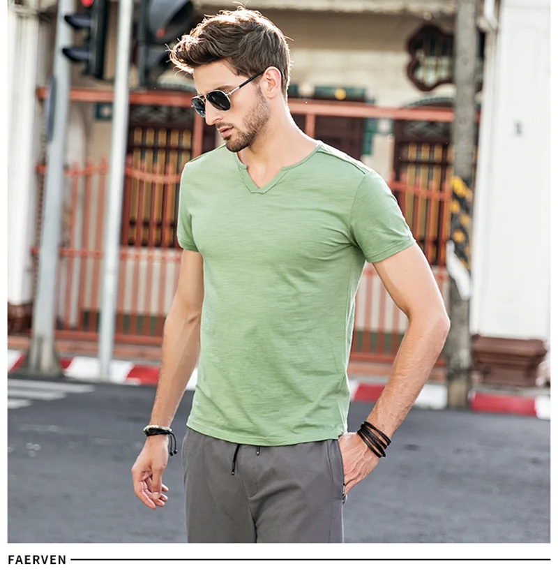 GustOmerD Новая летняя футболка мужская одноцветная приталенная Повседневная футболка с v-образным вырезом мужские топы с коротким рукавом футболка для мужчин