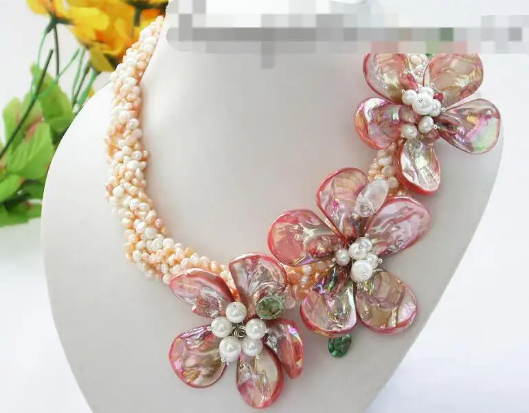 

FREE SHIPPING>@@> 3486 6row three clubs pink white baroque FW pearl design necklace